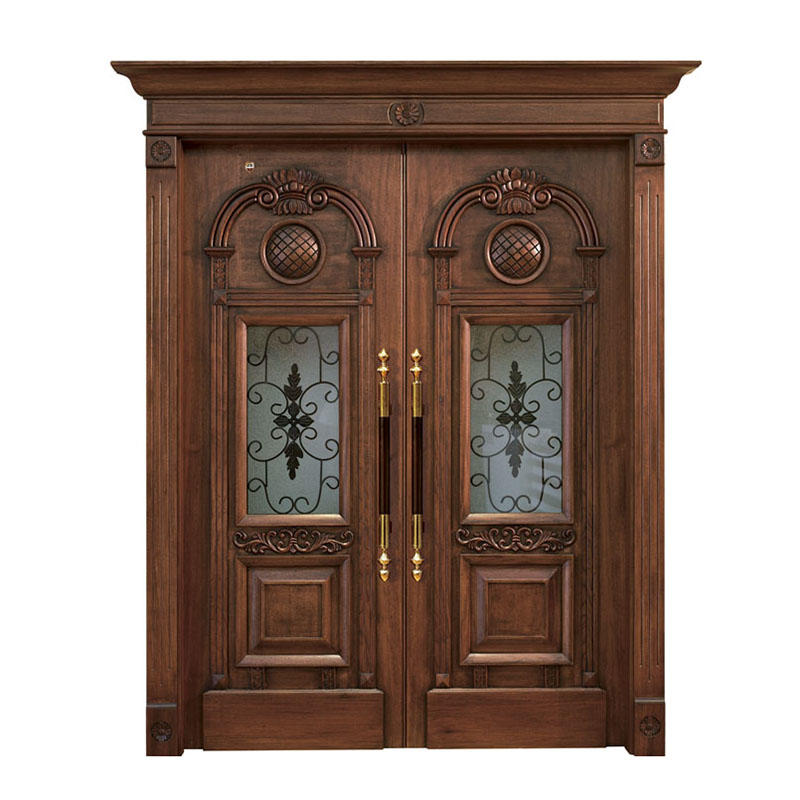 Luxury design iron glass main wooden door for outside use JS-8002